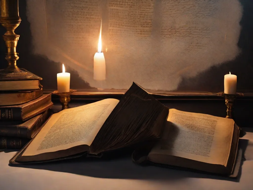 Uma sala mal iluminada com um único holofote brilhando sobre um livro antigo e empoeirado. As páginas estão cheias de símbolos enigmáticos e escritas antigas, cercadas por velas tremeluzentes. Um senso de intriga e enigma preenche o ar, convidando o espectador a desvendar os mistérios escondidos nas páginas.