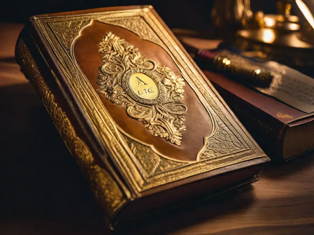 Uma imagem em close-up de um livro encadernado em couro desgastado, com detalhes intricados em relevo dourado na capa. As páginas estão levemente amareladas pelo tempo, insinuando as inúmeras histórias e conhecimentos contidos nele. O livro está envolto por um suave brilho, convidando os leitores a embarcar em uma jornada literária repleta