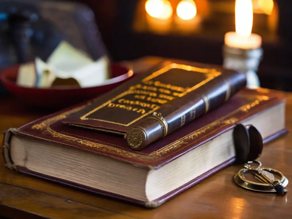 Descrição da imagem: Um close-up de um livro encadernado em couro desgastado, com letras douradas em relevo que soletram