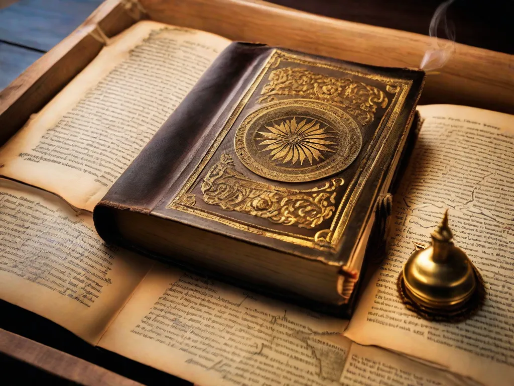Uma imagem em close-up de um livro encadernado em couro desgastado, com detalhes intricados em relevo dourado na capa. As páginas estão levemente amareladas pelo tempo, insinuando as inúmeras histórias e conhecimentos contidos nele. O livro está envolto por um suave brilho, convidando os leitores a embarcar em uma jornada literária repleta