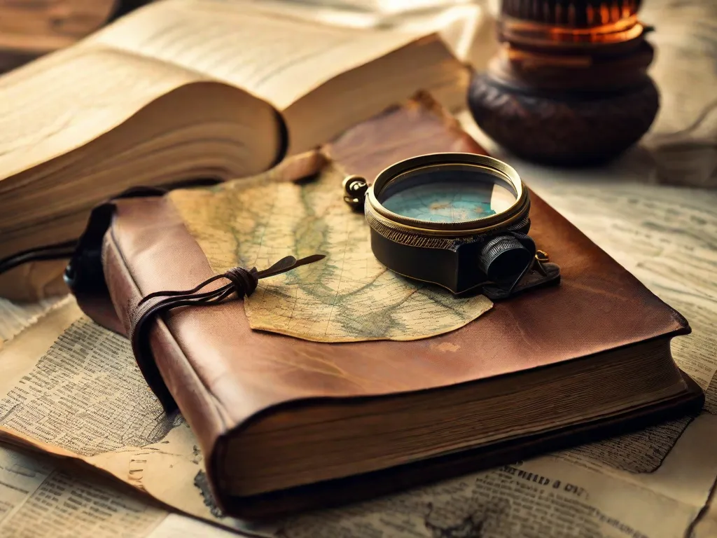 Descrição: Uma imagem mostrando um livro encadernado em couro desgastado com um mapa desbotado em sua capa, rodeado por uma coleção de chaves antigas e uma lupa. O livro representa aventuras emocionantes e histórias cheias de ação esperando para serem descobertas, enquanto as chaves simbolizam os mistérios que se encontram dentro de suas páginas. A lupa representa a cur