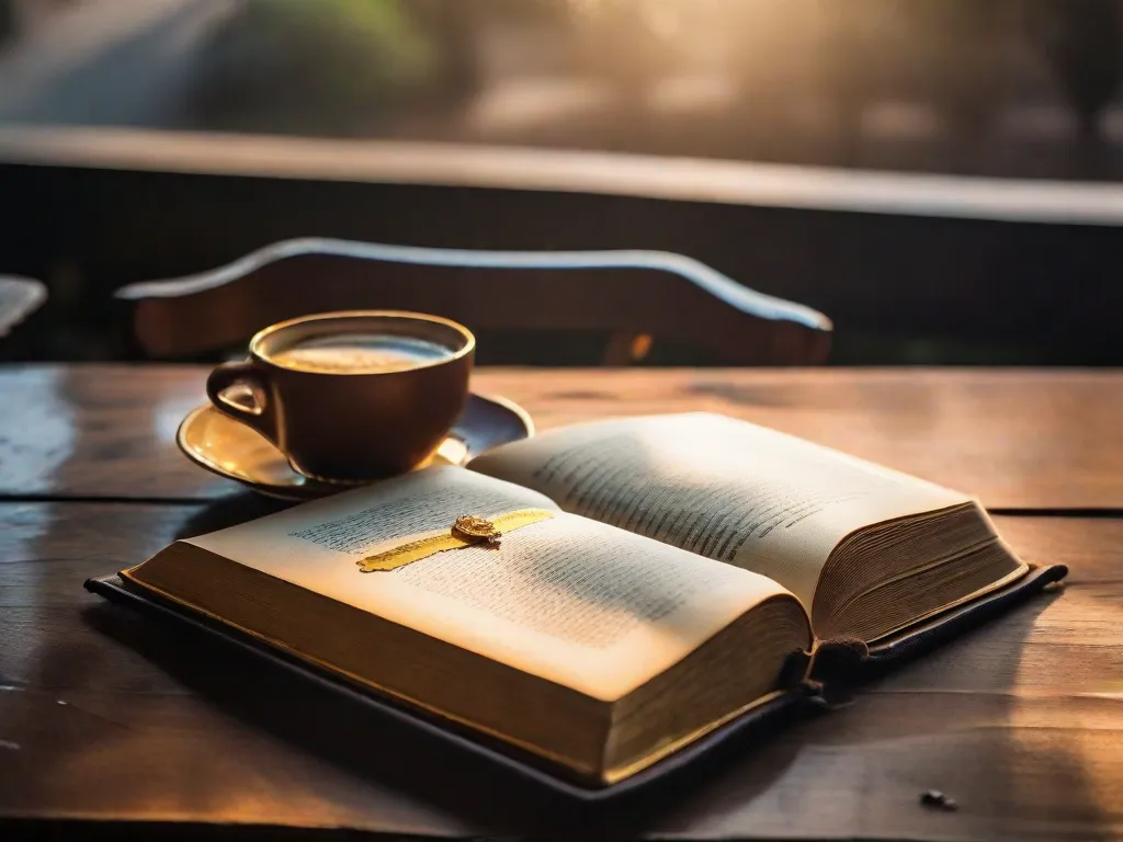 Um livro desgastado, encadernado em couro, com letras douradas desbotadas, repousa sobre uma mesa de madeira, acompanhado por uma xícara de café fumegante. As páginas do livro estão repletas da poesia atemporal de Cora Coralina, transportando os leitores para as encantadoras ruas de Goiás, Brasil, onde suas palavras ganham vida a cada vir