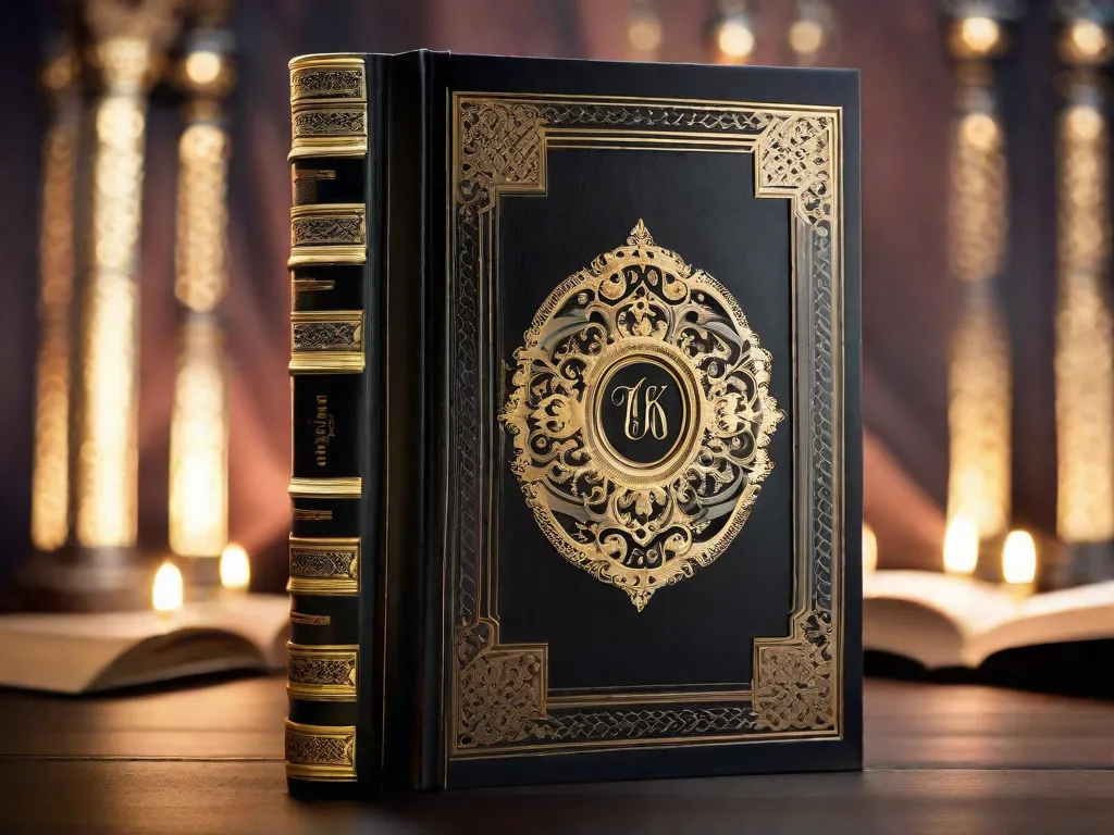 Descrição da imagem: Uma fotografia em close-up de um livro encadernado em couro, com detalhes intrincados em folha de ouro na capa. O livro está aberto, revelando uma página preenchida com caligrafia elegante, mostrando a beleza atemporal da literatura. A iluminação suave lança sombras suaves, adicionando um toque de mistério e fascínio à cena