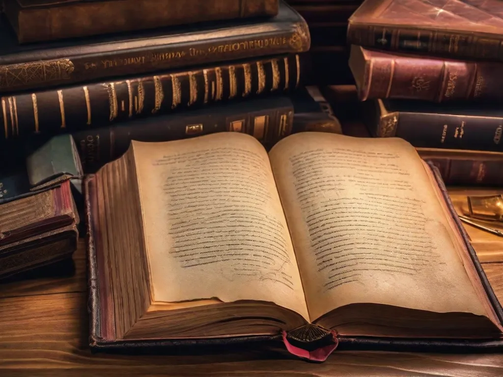 Descrição: Uma imagem de um livro com capa de couro desgastado, deitado aberto sobre uma mesa de madeira. Suas páginas estão cheias de anotações escritas à mão, trechos sublinhados e cantos dobrados, mostrando a jornada de conhecimento e exploração que este livro passou. A imagem captura a essência da busca pelo conhecimento através dos livros.