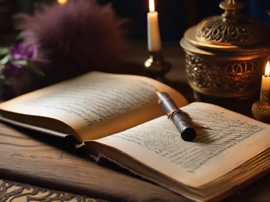 Uma imagem em close de um livro antigo com páginas desgastadas, mostrando a caligrafia intricada de um conto de fadas cativante. O livro repousa sobre uma mesa de madeira, cercado por uma vela tremeluzente e uma pena de escrever, evocando uma atmosfera de encantamento e contação de histórias.