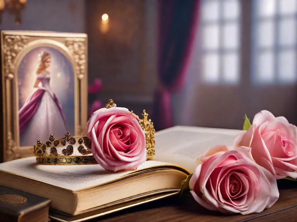 Descrição: Uma imagem em close-up de uma capa de livro lindamente adornada com uma coroa régia e rosas delicadas. O título, escrito em caligrafia elegante, sugere uma história de amor cativante ambientada em um reino mágico, enquanto os detalhes dourados evocam uma sensação de encantamento e romance.