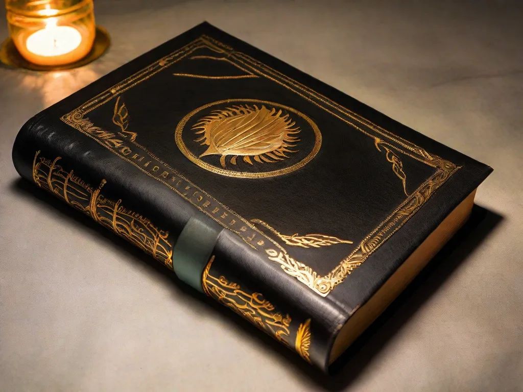 Descrição da imagem: Um close-up de um livro desgastado e encadernado em couro, com o título