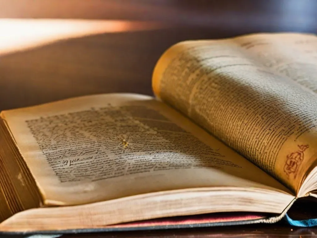 Descrição da imagem: Um close-up de um livro antigo e desgastado com um título que diz