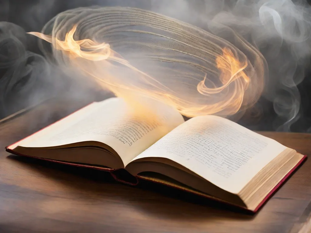 Descrição da imagem: Um livro muito usado com uma capa mística que retrata uma galáxia em movimento e uma bola de cristal brilhante. O livro está aberto, revelando páginas preenchidas com símbolos antigos e ensinamentos espirituais. Raios de luz etérea brilham das páginas, iluminando uma sala tranquila cheia de incenso e velas.