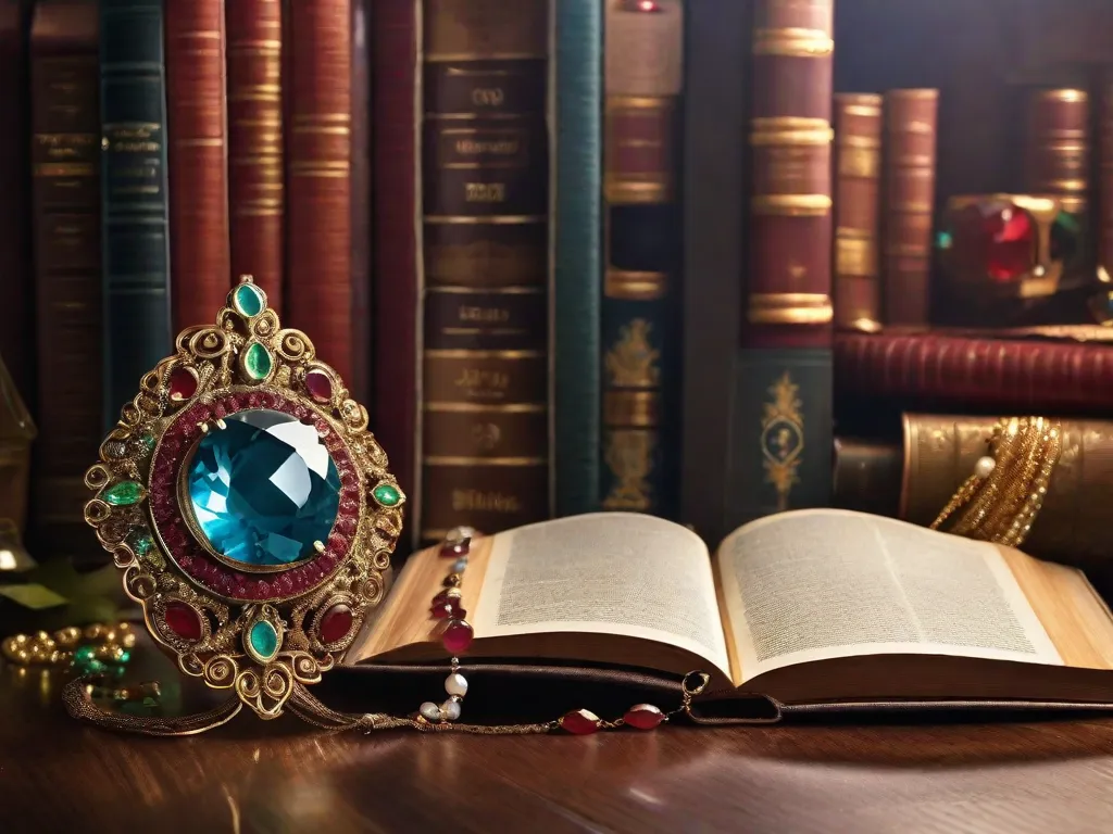 Uma imagem de close-up de uma capa de livro lindamente trabalhada, adornada com pedras preciosas intrincadas, refletindo o tema