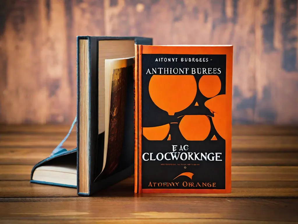 Uma imagem em close-up de uma cópia desgastada e com as bordas dobradas do icônico romance de Anthony Burgess,