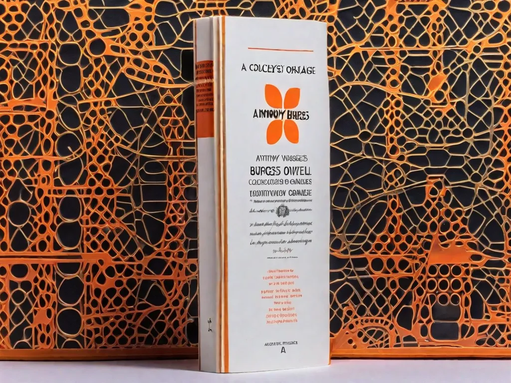 Uma imagem em close-up de uma cópia desgastada e com as bordas dobradas do icônico romance de Anthony Burgess,