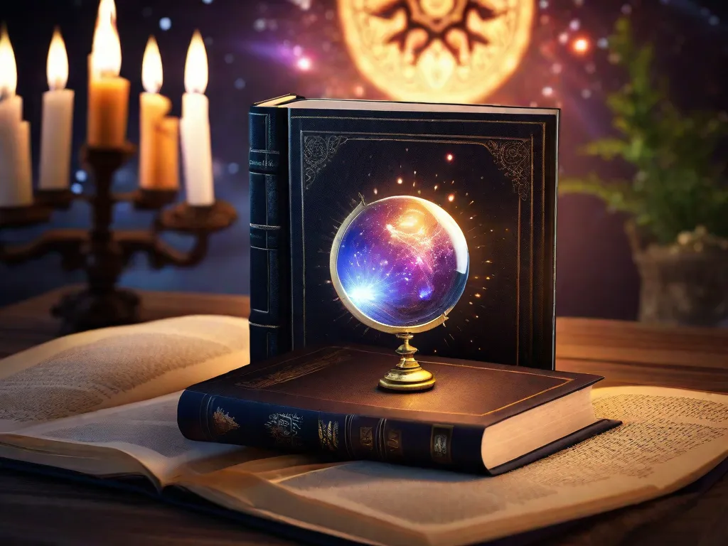 Descrição da imagem: Um livro muito usado com uma capa mística que retrata uma galáxia em movimento e uma bola de cristal brilhante. O livro está aberto, revelando páginas preenchidas com símbolos antigos e ensinamentos espirituais. Raios de luz etérea brilham das páginas, iluminando uma sala tranquila cheia de incenso e velas.