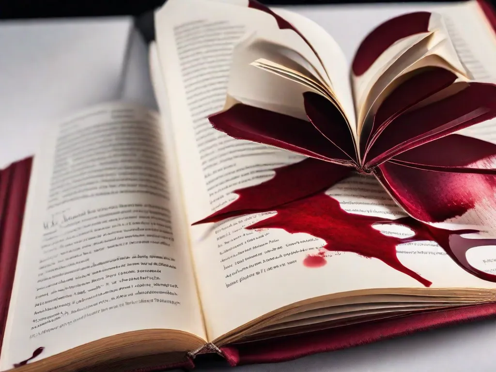 Uma imagem em close de um livro aberto com páginas manchadas de vermelho profundo, semelhante à cor do sangue. As páginas estão marcadas com uma paixão intensa, simbolizando a jornada emocional que os livros podem nos levar. A imagem captura o poder cativante da literatura de evocar emoções fortes e deixar um impacto profundo nos leitores.
