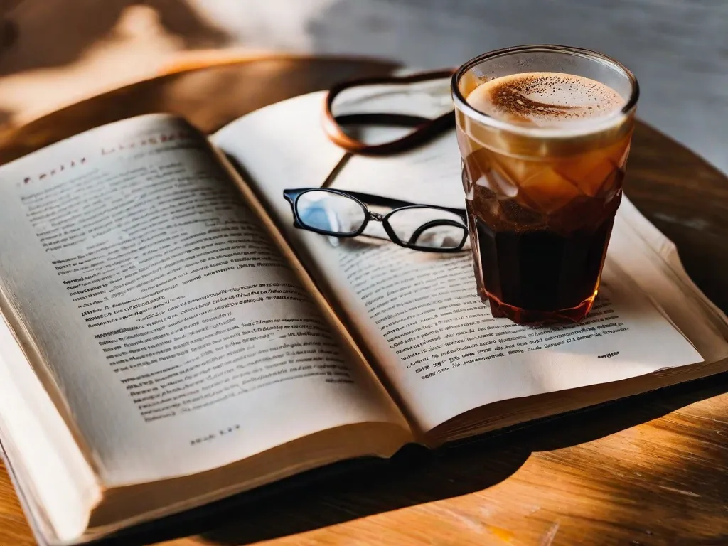 Descrição da imagem: Uma fotografia em close-up de uma cópia bem desgastada do livro de Paulo Leminski, com páginas marcadas e trechos destacados. O livro repousa sobre uma mesa de madeira, cercado por uma xícara de café fumegante e um par de óculos de leitura vintage. A luz suave do sol entra por uma janela próxima, lançando um brilho quente sobre a cena.