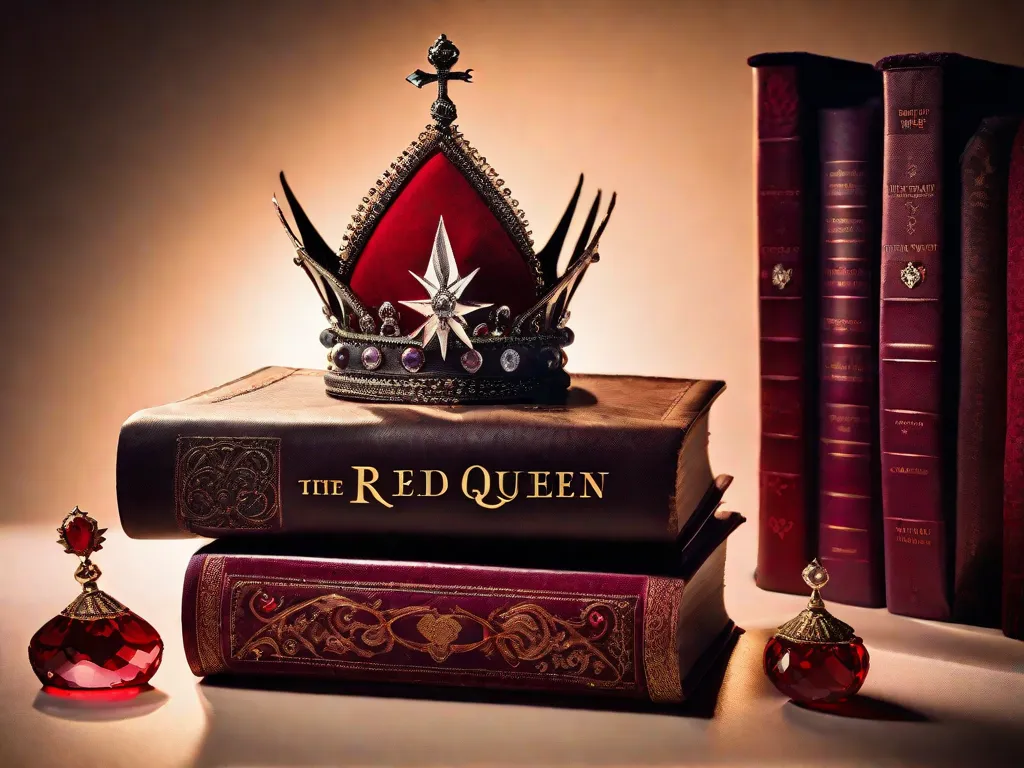 Uma imagem impressionante de uma coroa vermelho-sangue, adornada com detalhes intrincados e joias cintilantes, simbolizando o poder e a realeza retratados na saga de livros