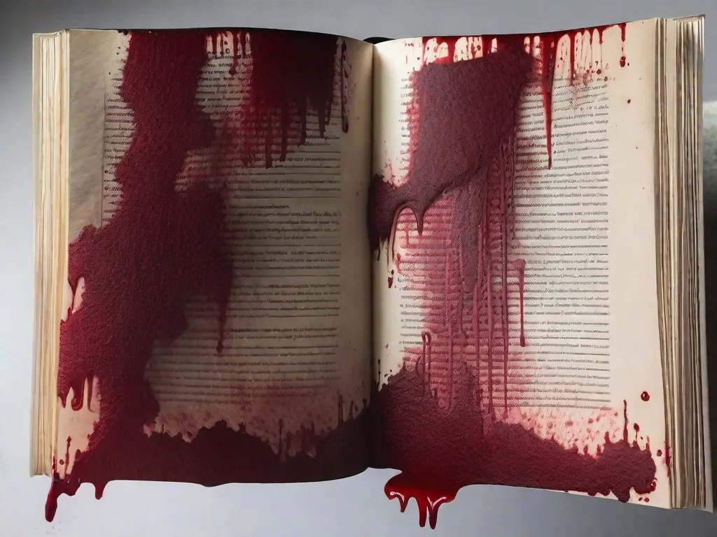 Descrição da imagem: Uma fotografia em close-up de um livro aberto com tinta vermelha escorrendo de suas páginas. O líquido, semelhante a sangue, forma padrões complexos enquanto flui para baixo, simbolizando a natureza cativante e intensa da palavra escrita. A imagem evoca uma sensação de mistério, paixão e o poder que os livros exercem sobre nossas