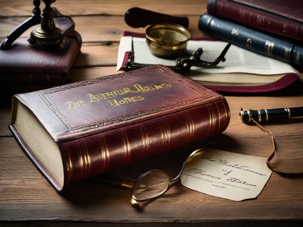 Descrição da imagem: Uma fotografia em close-up de um livro com capa de couro desgastada, com uma lupa descansando em cima. O título do livro,