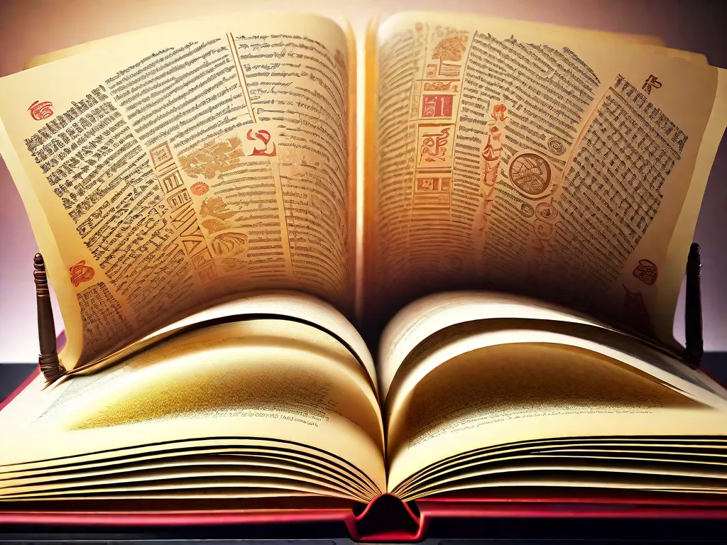 Descrição da imagem: Um close-up de um livro aberto com páginas preenchidas com vários símbolos de diferentes culturas e tradições. Os símbolos variam de hieróglifos antigos a ícones modernos, representando uma variedade diversa de significados e interpretações. A imagem captura a riqueza e complexidade do simbolismo encontrado em diferentes sociedades ao redor do mundo.