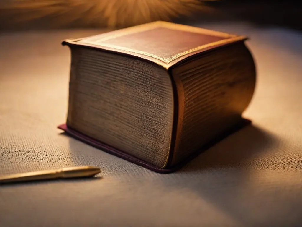 Uma imagem em close-up de um livro antigo e desgastado, com o nome