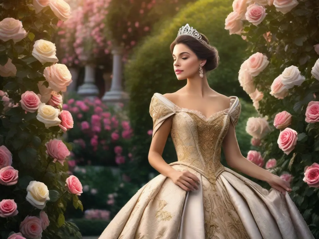 Um belo livro vintage com uma capa desbotada retratando uma princesa majestosa em um elegante vestido, em pé em um jardim luxuriante cercado por rosas florescendo. O título,