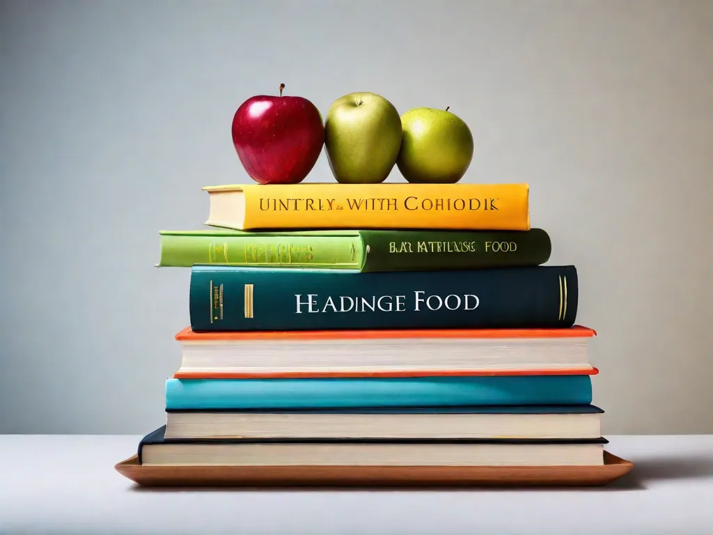 Descrição da imagem: Um close-up de uma pilha de livros com um prato de comida saudável ao lado. Os livros representam conhecimento e aprendizado, enquanto o prato de comida nutritiva simboliza o conceito de jejum intermitente. Essa imagem transmite a ideia de combinar o crescimento intelectual por meio da leitura com uma escolha de estilo de vida saudável.