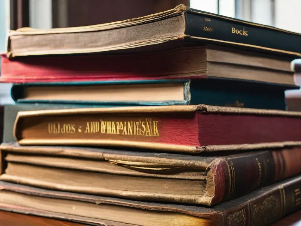 Descrição da imagem: Uma fotografia em close-up de uma pilha de livros antigos e desgastados. Os livros estão dispostos de maneira desordenada, com suas capas desgastadas exibindo diferentes cores e texturas. As páginas estão levemente amareladas, sugerindo as inúmeras histórias e conhecimentos contidos neles.