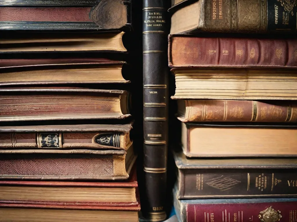 Descrição da imagem: Um close-up de uma pilha de livros antigos e desgastados, com capas desbotadas. Os livros estão dispostos de forma desorganizada, mostrando seu estado bem-amado e bem-lido. Partículas de poeira dançam no ar, adicionando um toque de nostalgia à cena. A imagem captura o encanto atemporal e a sabedoria que reside nas páginas desses