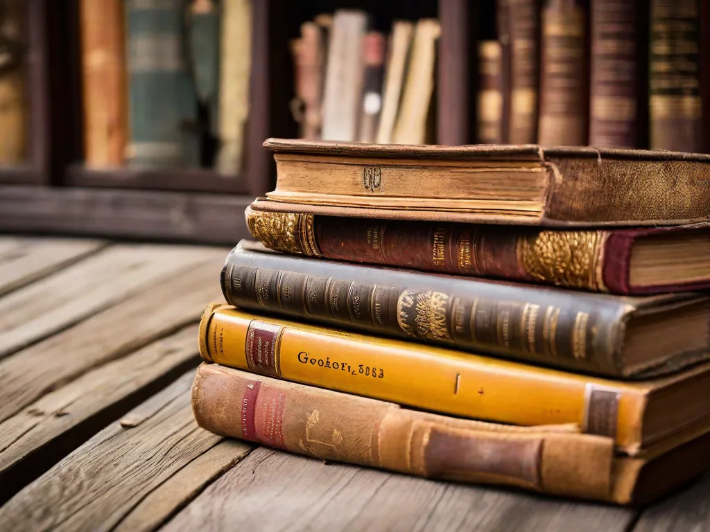 Descrição da imagem: Uma fotografia em close-up de uma pilha de livros antigos em uma mesa de madeira. Os livros estão desgastados e envelhecidos, com capas desbotadas e páginas amareladas. Os títulos nas lombadas revelam uma variedade de gêneros, mostrando a rica diversidade da literatura. A imagem transmite uma sensação de história, conhecimento e a beleza