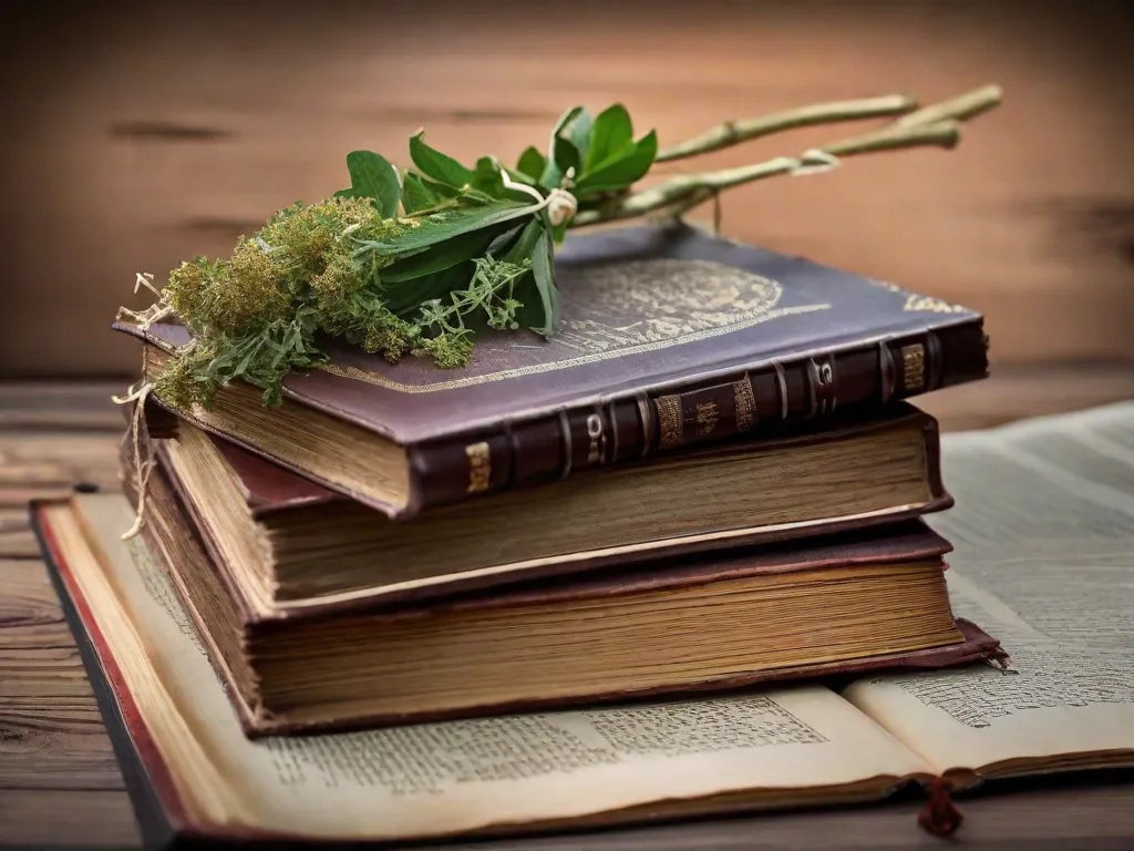 Descrição da imagem: Uma fotografia em close-up de uma prateleira de madeira cheia de vários livros antigos sobre medicina herbal. Os livros estão desgastados e envelhecidos, mostrando sua rica história e conhecimento. Os títulos estão escritos em caligrafia elegante, convidando os leitores a explorar o mundo das ervas medicinais e suas propriedades curativas.