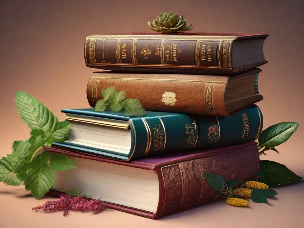 Nesta imagem cativante, uma pilha de livros antigos fica alta, adornada com ilustrações vibrantes de várias plantas medicinais. Cada livro representa um tesouro de sabedoria, revelando os segredos do poder curativo da natureza. As páginas parecem ganhar vida, sussurrando histórias de remédios à base de ervas e as maravilhas da medicina vegetal.