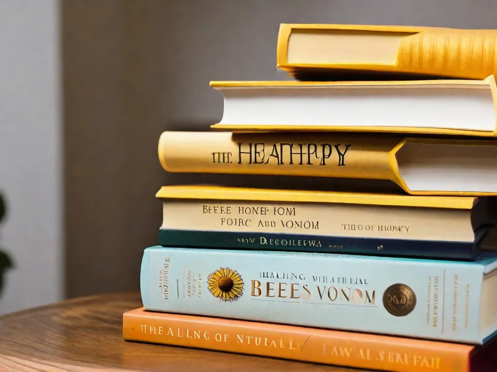 Descrição da imagem: Uma fotografia em close-up de uma pilha de livros com capas vibrantes, dispostos em forma de uma colmeia. Cada livro representa um aspecto diferente da apiterapia, com títulos como
