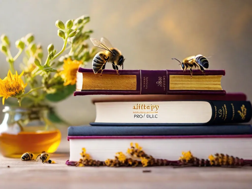 Descrição da imagem: Uma fotografia em close-up de uma pilha de livros com uma capa com padrão de favo de mel. Cada livro representa uma faceta diferente da apiterapia, com títulos como