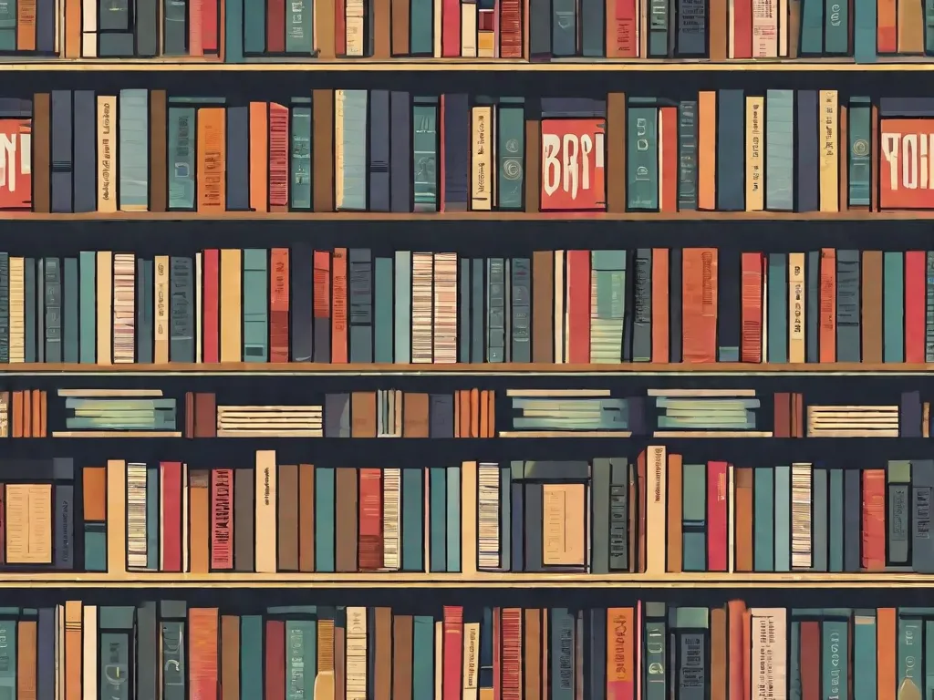 Descrição: Uma imagem em close-up de uma estante de livros cheia de livros de autoajuda. Os livros estão organizados de forma arrumada, exibindo títulos sobre crescimento pessoal, motivação e pensamento positivo. Cada livro é como uma pedra de apoio, orientando os leitores em direção ao autodesenvolvimento e empoderamento. A imagem representa uma riqueza de conhecimento e