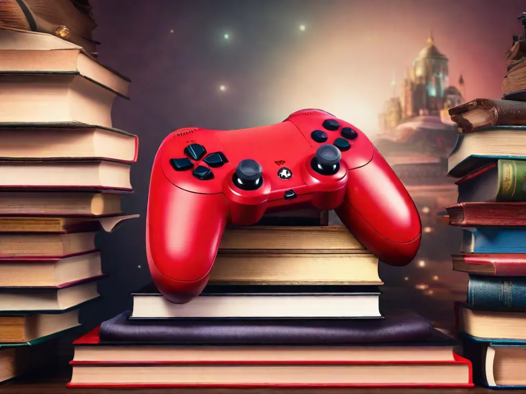 Descrição: Uma imagem vibrante mostrando uma pilha de livros dispostos na forma de um controle de videogame. Cada livro representa um gênero diferente, convidando os leitores a embarcarem em uma aventura literária. Os títulos nas lombadas sugerem temas de jogos diversos, instigando os amantes de livros a explorarem novos mundos através do poder das palavras.