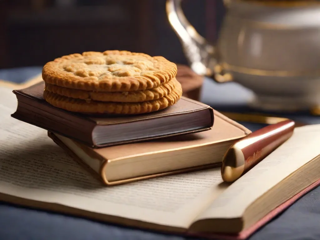 Uma imagem em close-up de uma pilha de livros com um delicioso biscoito colocado em cima, tentando os leitores a se deliciarem com um agrado literário. O biscoito dourado e marrom adiciona um toque de doçura à cena, complementando perfeitamente a alegria de mergulhar em uma história cativante.
