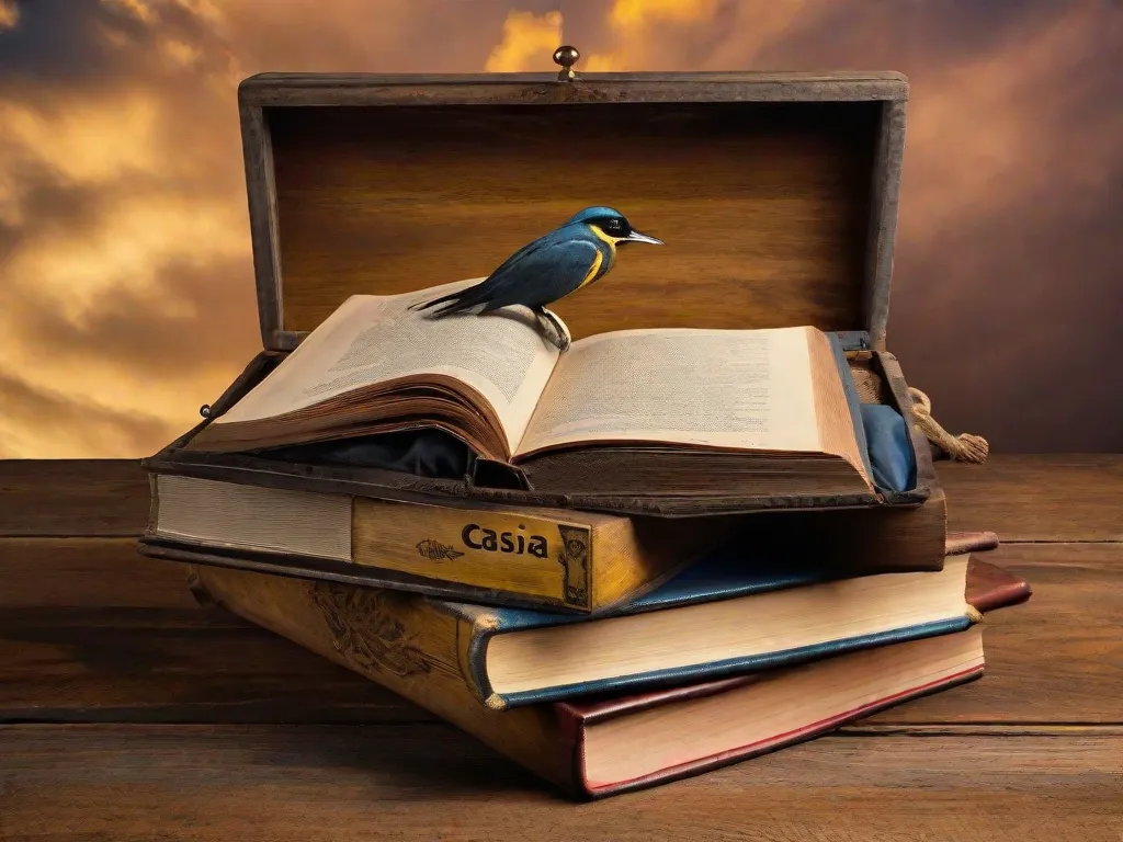 Uma pilha de livros repousa dentro de uma caixa de madeira desgastada, suas lombadas gastas e páginas amareladas pelo tempo. Entre eles, destaca-se uma cópia de