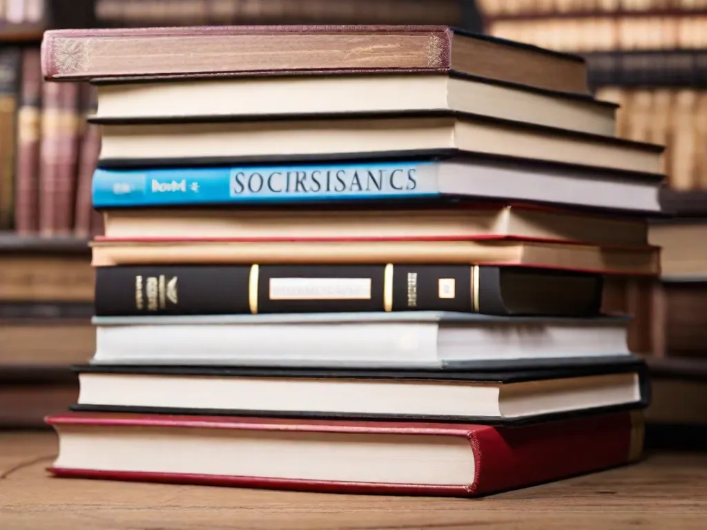 Descrição da imagem: Uma pilha de livros em uma mesa de madeira, representando o campo diversificado das ciências sociais. Os livros incluem títulos sobre sociologia, antropologia, ciência política e economia. Cada livro simboliza um aspecto diferente da sociedade, lançando luz sobre as dinâmicas complexas e interações que moldam nosso mundo.