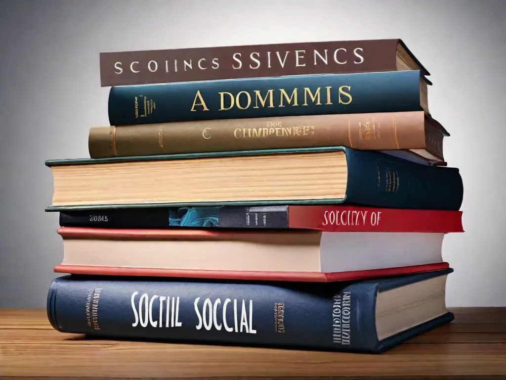 Descrição da imagem: Uma pilha de livros em cima de uma mesa de madeira, representando o campo diversificado das ciências sociais. Os livros cobrem uma variedade de temas, como sociologia, antropologia, psicologia e ciência política. Cada livro simboliza uma perspectiva única e conhecimento que contribui para nossa compreensão da sociedade e do comportamento humano.