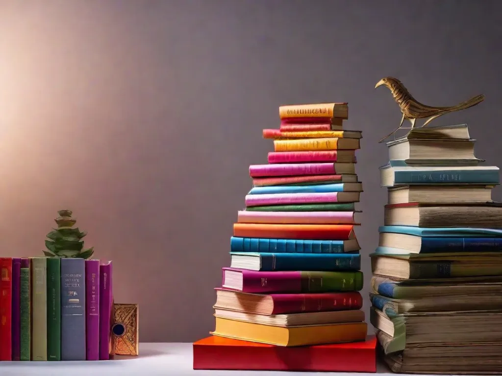 Uma imagem vibrante mostrando uma pilha de livros antigos transformados em uma bela instalação de arte reciclada. Os livros são dobrados e moldados de forma intricada, formando uma escultura deslumbrante que representa o poder da reciclagem e as infinitas possibilidades de dar nova vida a objetos antigos.