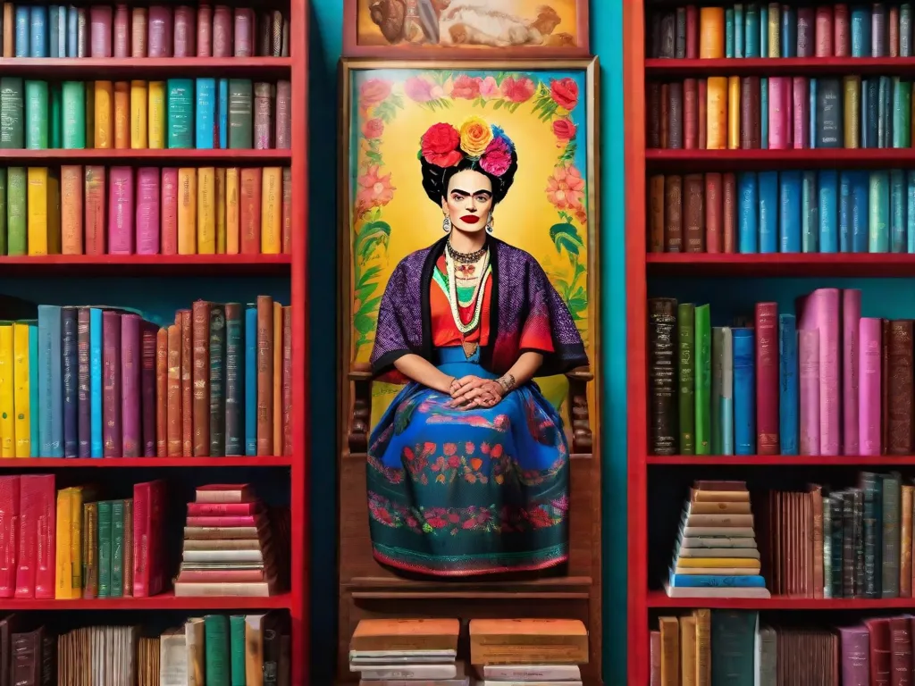Descrição: Uma imagem mostrando uma estante de livros lindamente decorada, cheia de livros vibrantes e diversos. Entre eles, uma biografia de Frida Kahlo se destaca, adornada com ilustrações coloridas de seus icônicos autorretratos. Os livros ao redor dele retratam várias formas de arte, inspirando criatividade e exploração.