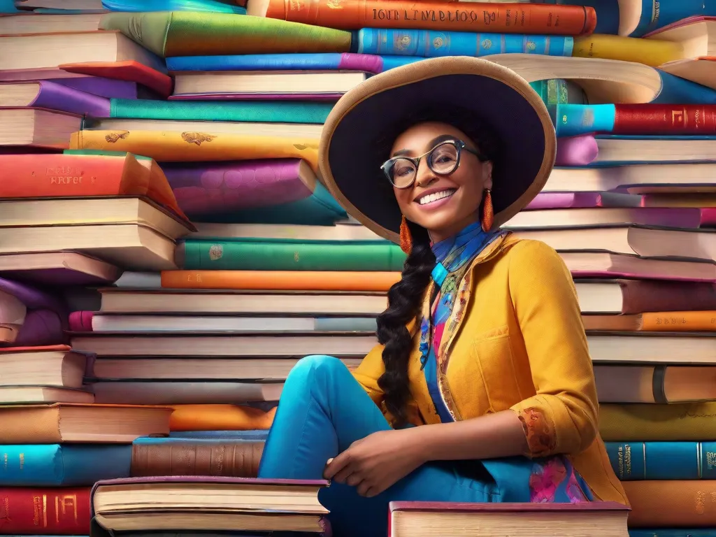 Uma imagem vibrante que mostra uma estante de livros colorida repleta das cativantes obras de Ziraldo. Os livros estão altos, suas lombadas adornadas com ilustrações chamativas, convidando os leitores a embarcarem em aventuras imaginativas. Cada livro representa uma porta de entrada para um mundo onde risadas, curiosidade e maravilhas se entrelaçam, prontos para cat