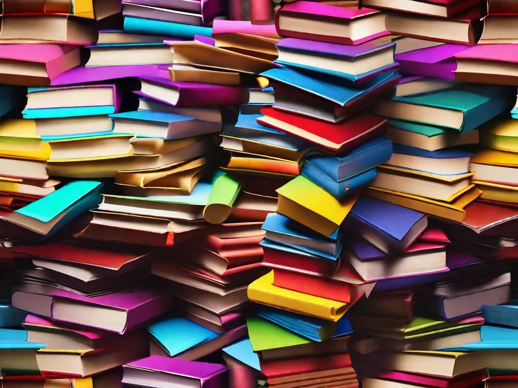 Descrição da imagem: Um close-up de uma pilha de livros arranjados de forma lúdica e estratégica, se assemelhando a um jogo de Jenga. Cada livro é cuidadosamente colocado, criando uma torre precária de conhecimento. As capas vibrantes e tamanhos variados adicionam ao apelo visual, convidando os leitores a mergulhar em um mundo de aventuras literá