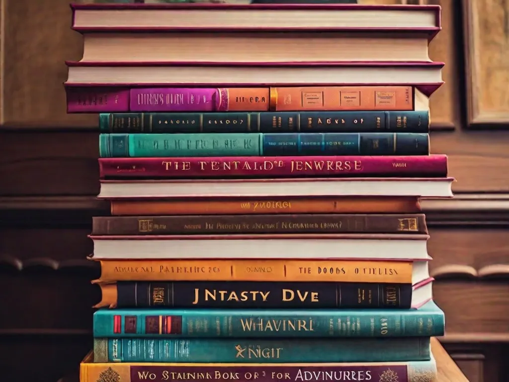 Descrição da imagem: Um close de uma pilha de livros com capas vibrantes e coloridas. Os livros estão dispostos de uma forma que lembra o jogo Jenga, com alguns livros inclinados para o lado, criando uma sensação de antecipação e empolgação. Os títulos nos livros variam de fantasia a mistério, atraindo os leitores para mergulhar em diferentes mund