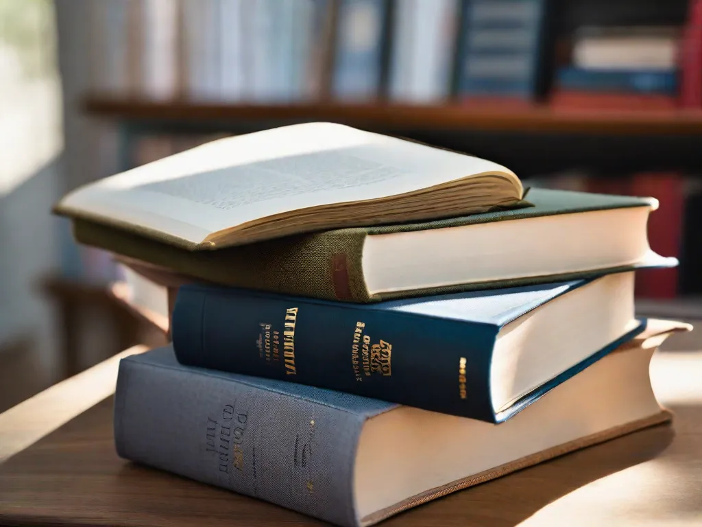 Descrição da Imagem:
Uma fotografia em close-up de três livros empilhados um em cima do outro, formando um trisal. Os livros têm lombadas de cores diferentes, representando uma variedade de gêneros. Cada livro está aberto, revelando páginas cheias de histórias cativantes e conhecimento. O trisal está em pé, simbolizando as infinitas possibilidades e aventuras