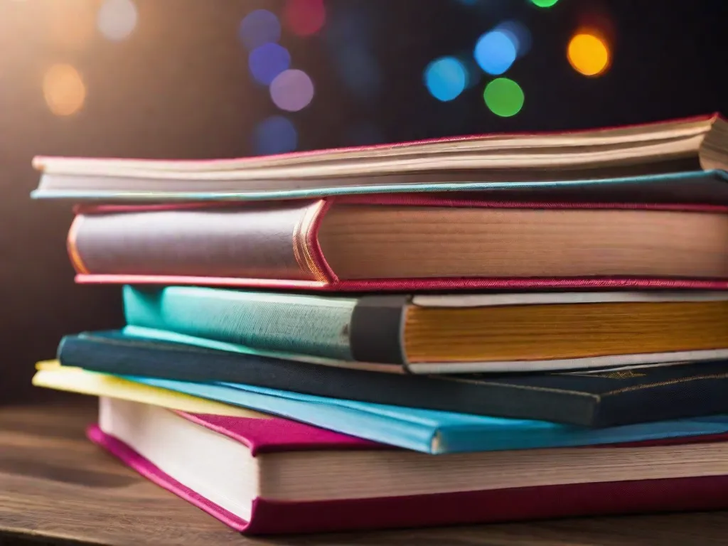 Descrição da imagem: Uma fotografia em close-up de uma pilha de livros com capas coloridas, arranjados de forma organizada em uma mesa de madeira. Os livros representam diferentes gêneros, incluindo programação, desenvolvimento web e design. Os livros de HTML e CSS se destacam proeminentemente, simbolizando o conhecimento essencial necessário para construir websites visualmente atraentes e funcionais.