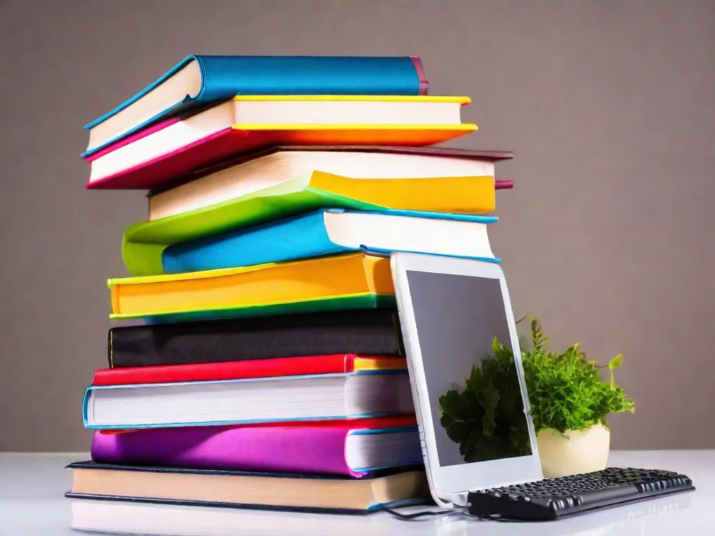 Descrição da imagem: Uma foto em close de uma pilha de livros com um teclado de computador colocado em cima. Os livros estão organizados de forma arrumada, exibindo suas capas coloridas e tamanhos diferentes. O teclado sugere a conexão entre livros e tecnologia, destacando a relevância do VBA (Visual Basic for Applications) no mundo da literatura e gestão de informações.