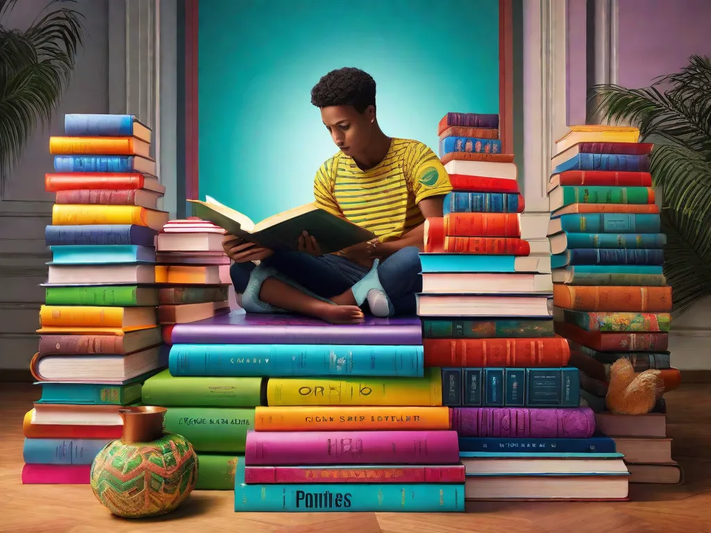 Descrição: Uma ilustração vibrante apresentando uma pilha de livros coloridos do renomado autor e ilustrador brasileiro Ziraldo. Cada livro apresenta personagens únicos e histórias cativantes, convidando leitores de todas as idades a embarcar em jornadas imaginativas através do poder da literatura.