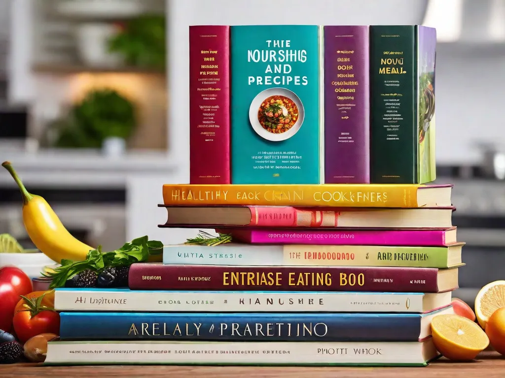 Descrição da imagem: Uma imagem vibrante e cativante mostrando uma pilha de livros de receitas coloridos, repletos de receitas saudáveis e deliciosas. Os livros estão arrumados de forma organizada, exibindo imagens de dar água na boca de refeições nutritivas, ingredientes frescos e ideias culinárias criativas. A capa de cada livro apresenta títulos tentadores que