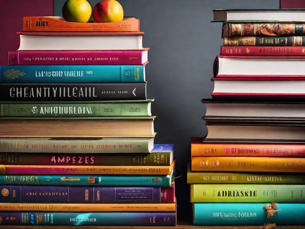 Descrição da imagem: Uma imagem vibrante e cativante mostrando uma pilha de livros de receitas coloridos, repletos de receitas saudáveis e deliciosas. Os livros estão arrumados de forma organizada, exibindo imagens de dar água na boca de refeições nutritivas, ingredientes frescos e ideias culinárias criativas. A capa de cada livro apresenta títulos tentadores que